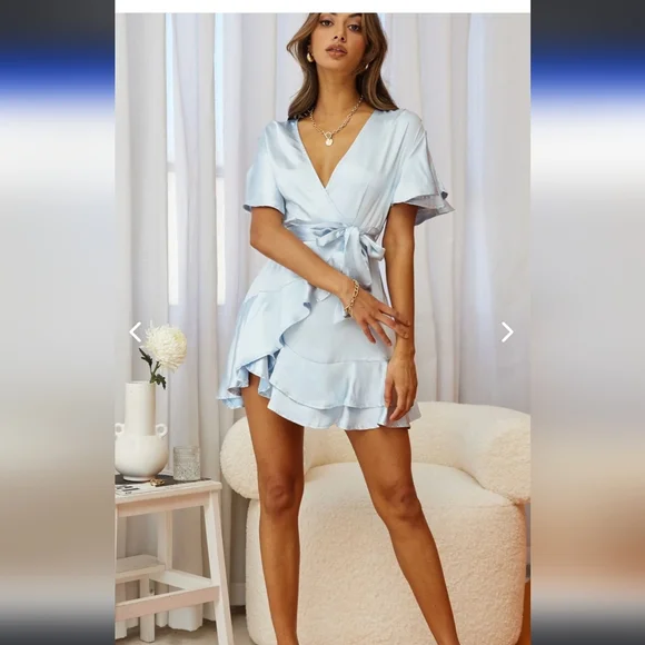 SOLD Selfie Leslie CAMI ANGEL SLEEVE FAUX WRAP DRESS STEEL BLUE - Picture 5 of 16